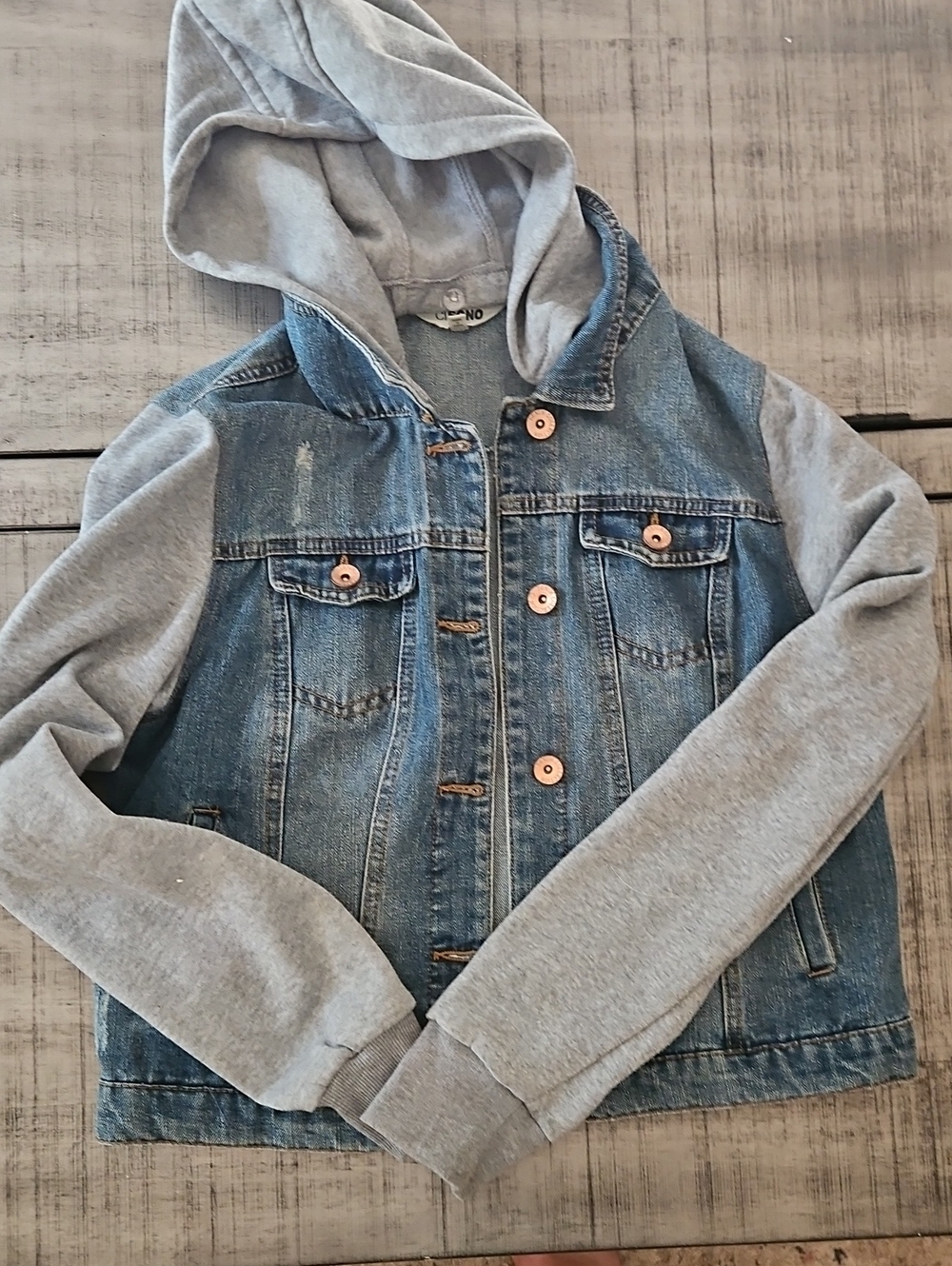 Denim Hooded Jacket with Gray Knit Sleeves - Women's